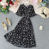 V-Neck Short Sleeve Belted Slim Waist Beach Holiday Summer Dress