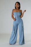 Casual Stylish Strapless Women’s Pockets Cargo Denim Jumpsuit