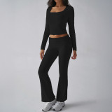 Autumn/Winter Y2K Casual Fitted U-Neck Long Sleeve Top & Flared Pants Set