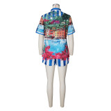 Women’s Print Short Sleeve T-shirt & Shorts Color-Block Holiday Casual Set