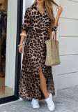 Autumn/Spring Casual Leopard Print High Slit Oversized Shirt Dress