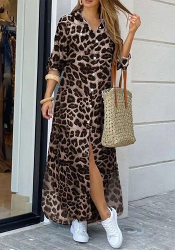 Autumn/Spring Casual Leopard Print High Slit Oversized Shirt Dress