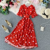 V-Neck Short Sleeve Belted Slim Waist Beach Holiday Summer Dress