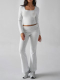Autumn/Winter Y2K Casual Fitted U-Neck Long Sleeve Top & Flared Pants Set