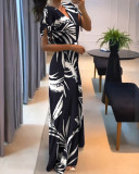 Geometric Print Short Sleeve Wide-Leg V-Neck Jumpsuit