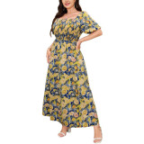 Plus Size Floral Square Neck Puff Sleeve Summer Slim Waist Chic A-Line Maxi Dress