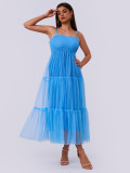 Women’s Strappy Pleated Mesh Patchwork Puffy Short Sleeve Dress