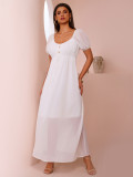 Summer Solid Color Square Neck Cotton Holiday Slim Waist Maxi Dress