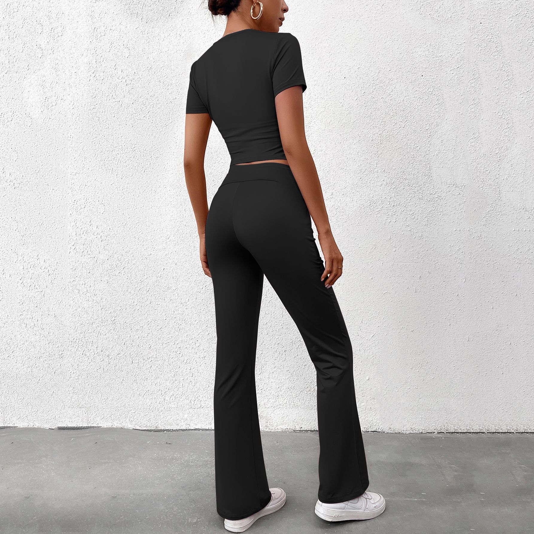 Women Summer Solid Casual Crop Top and Pant Two-piece Set
