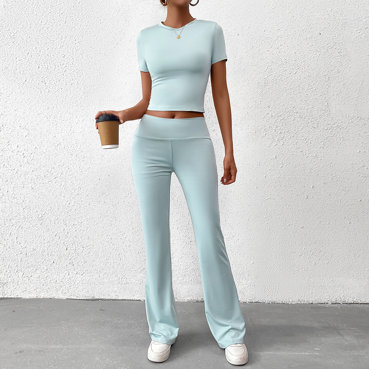 Women Summer Solid Casual Crop Top and Pant Two-piece Set
