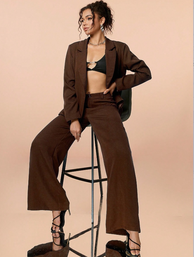 Women solid long-sleeved button blazer and wide-leg pants two-piece set