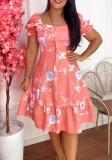 Summer Floral Printed Square Neck Puff Sleeve Patchwork Dress