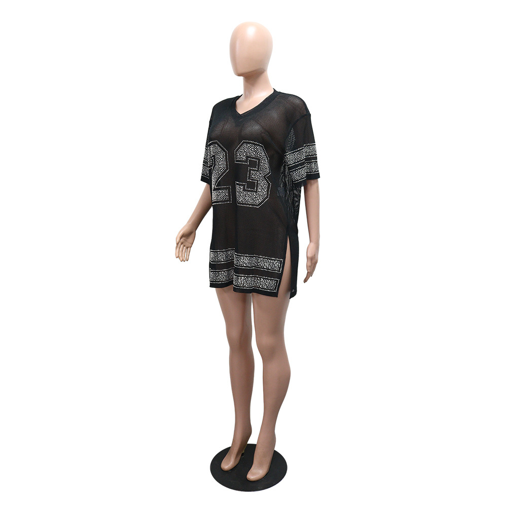See-Through Round Neck Slit Beaded Top for Clubwear