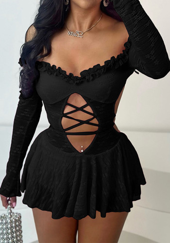 Women Sexy Strapless Off Shoulder Sleeve Hollow Lace Long Sleeve Jumpsuit