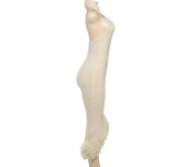 Women’s Sexy Halter Neck Low Back High-Waist Bodycon Fringe Knit Dress