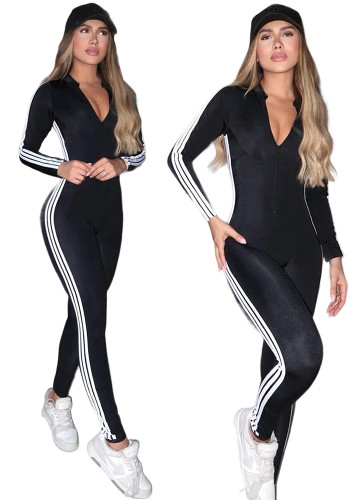 Women Striped Half Zipper Jumpsuit