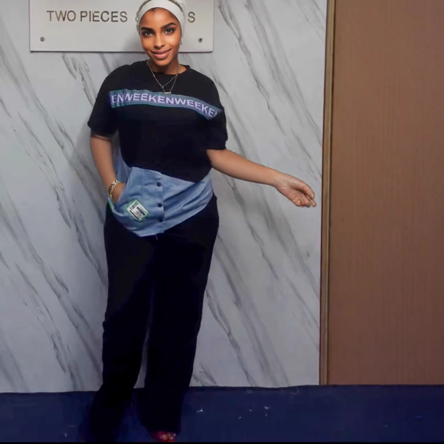 Women’s Denim Patchwork Fashion Two Piece Pants Set