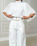 Women's High Neck Loose Bat Sleeve Pleated Shirt