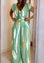 Summer Color Block Printed Short Sleeve Lace-Up Top Wide Leg Pants Two-piece Set