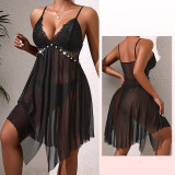 Lace Strappy Nightgown with Pearl Details See-Through Mesh Sexy Sleepwear