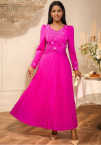 Women beaded v-neck long sleeve pleated party dress