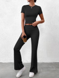 Women Summer Solid Casual Crop Top and Pant Two-piece Set