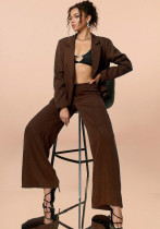 Women solid long-sleeved button blazer and wide-leg pants two-piece set