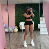 Women Summer Solid Crop Top Shorts Two-Piece Set