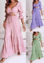 Women Square Neck Drawstring Puff Sleeve Wide Leg Jumpsuit Women Square Neck Drawstring Puff Sleeve Wide Leg Jumpsuit