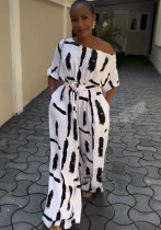 Plus Size Women Summer Off Shoulder Printed Short Sleeve Jumpsuit
