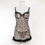 Sexy Leopard Print Lace Patchwork Feather Bodycon Dress Two-Piece Set