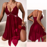 Lace Strappy Nightgown with Pearl Details See-Through Mesh Sexy Sleepwear
