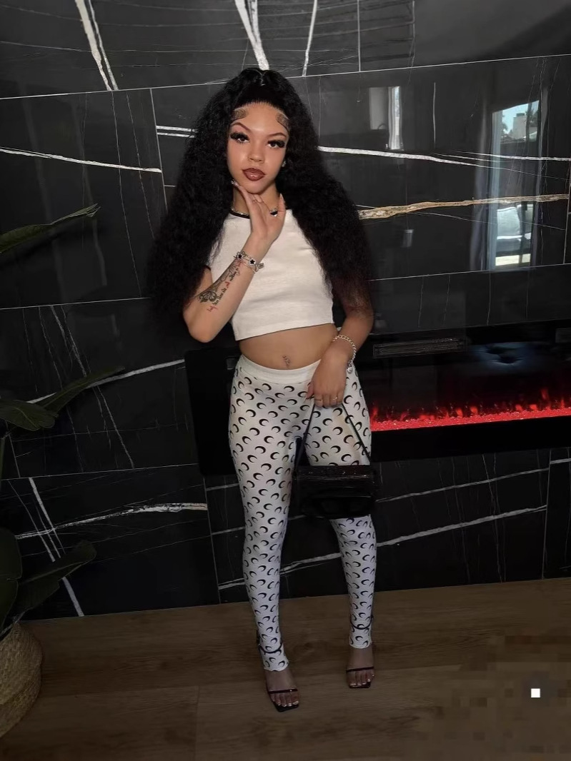 Women Trendy Printed Stretchy Basic Top and Long Pants Two-Piece Set