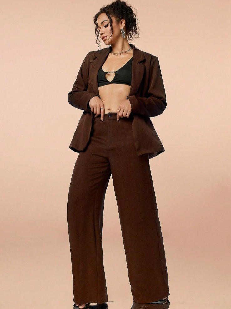 Women solid long-sleeved button blazer and wide-leg pants two-piece set