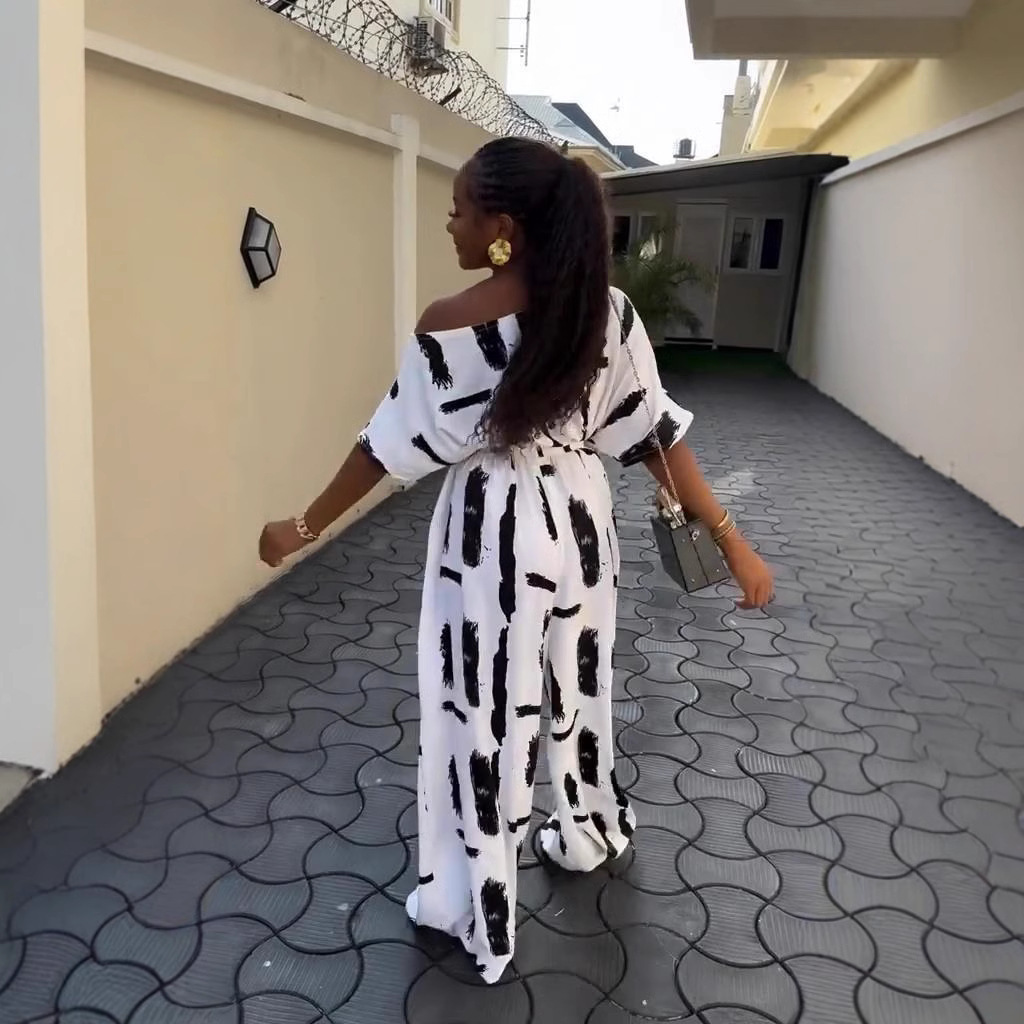 Plus Size Women Summer Off Shoulder Printed Short Sleeve Jumpsuit