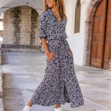 Autumn/Spring Casual Leopard Print High Slit Oversized Shirt Dress