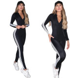 Women Striped Half Zipper Jumpsuit