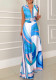 Summer Contrast Printed V-neck Backless Lace-Up Jumpsuit