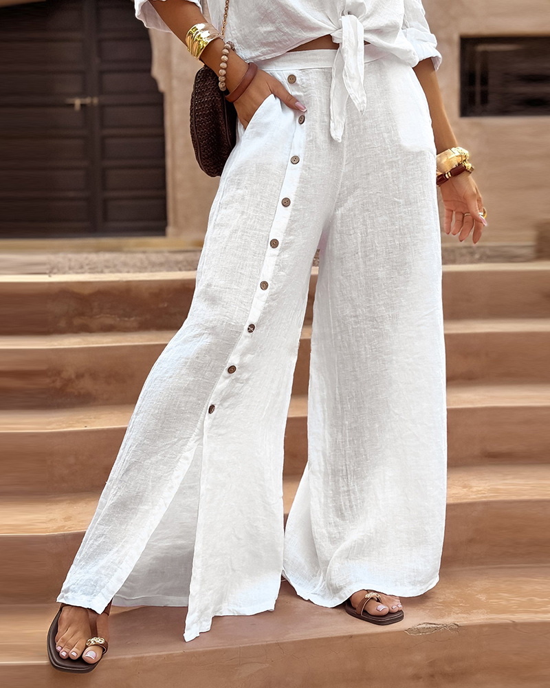 Summer Casual Shirt and Wide Leg Pants Two-piece Set
