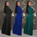 Women Cross Turndown Collar Long Sleeve Dress