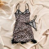 Sexy Leopard Print Lace Patchwork Feather Bodycon Dress Two-Piece Set