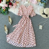 V-Neck Short Sleeve Belted Slim Waist Beach Holiday Summer Dress
