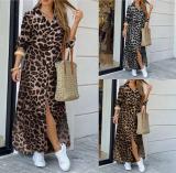 Autumn/Spring Casual Leopard Print High Slit Oversized Shirt Dress