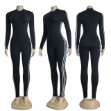 Women Striped Half Zipper Jumpsuit