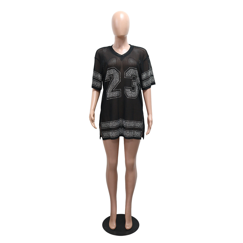 See-Through Round Neck Slit Beaded Top for Clubwear