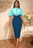Women Retro Half-High Collar Contrast Ruffle Sleeve Elegant Party Dress
