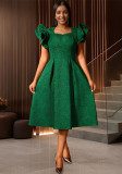 Women elegant ruffle square neck rose jacquard Formal Party Dress