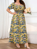 Plus Size Floral Square Neck Puff Sleeve Summer Slim Waist Chic A-Line Maxi Dress