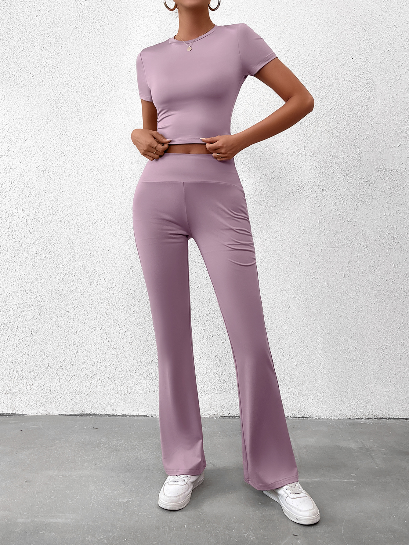 Women Summer Solid Casual Crop Top and Pant Two-piece Set