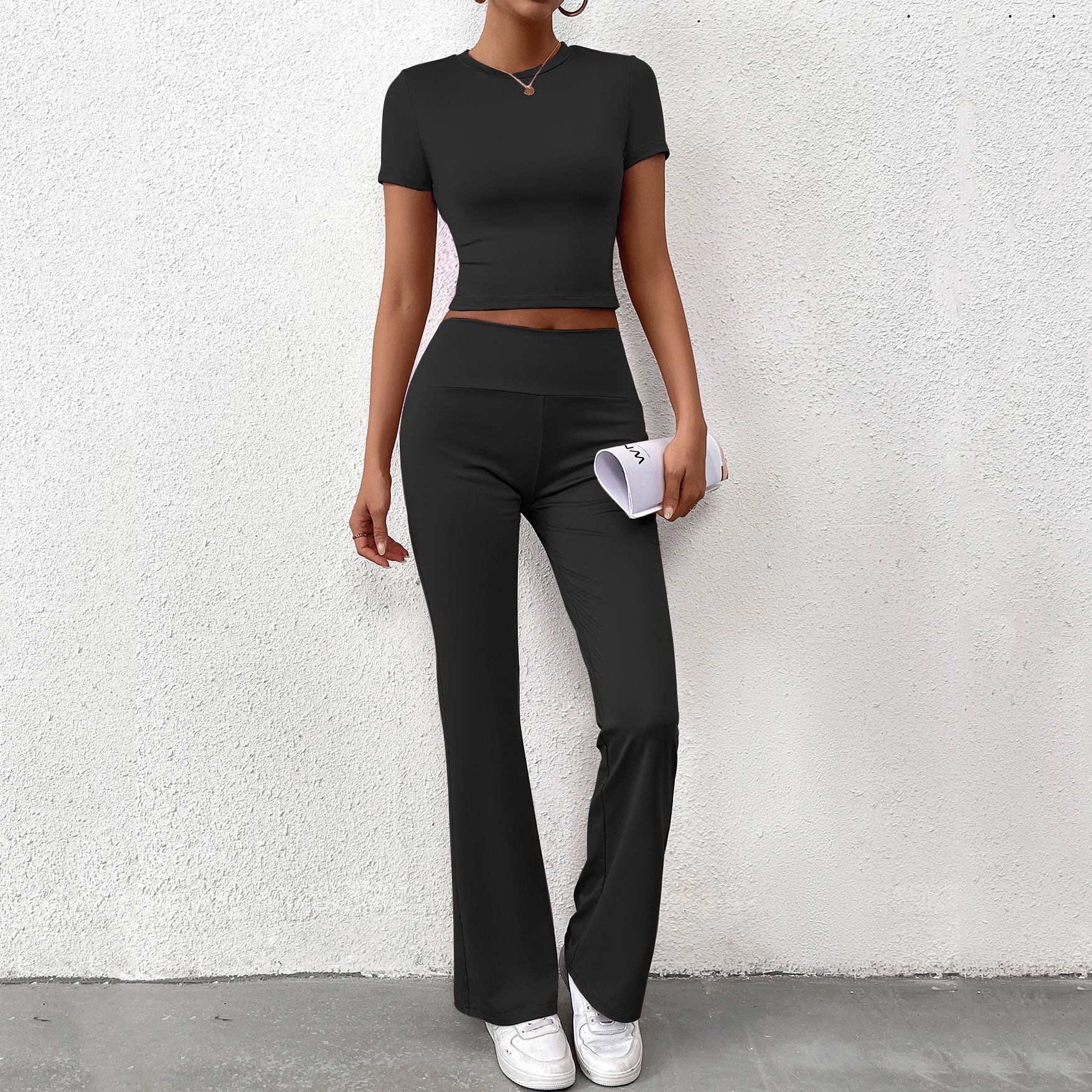 Women Summer Solid Casual Crop Top and Pant Two-piece Set